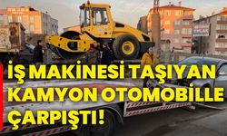 İş makinesi taşıyan kamyon otomobille çarpıştı!