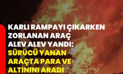 Karlı rampayı çıkarken zorlanan araç alev alev yandı: Sürücü yanan araçta para ve altınını aradı