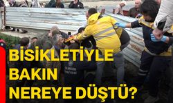 Bisikletiyle bakın nereye düştü?