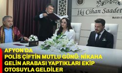 Afyon'da polis çiftin mutlu günü: Nikaha gelin arabası yaptıkları ekip otosuyla geldiler