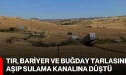 Tır, bariyer ve buğday tarlasını aşıp sulama kanalına düştü
