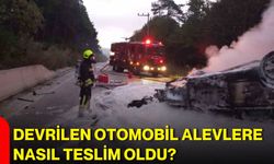 Devrilen otomobil alevlere nasıl teslim  oldu?