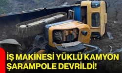 İş makinesi yüklü kamyon şarampole devrildi!
