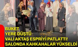 Buket yere düştü, Vali Aktaş espriyi patlattı! Salonda kahkahalar yükseldi