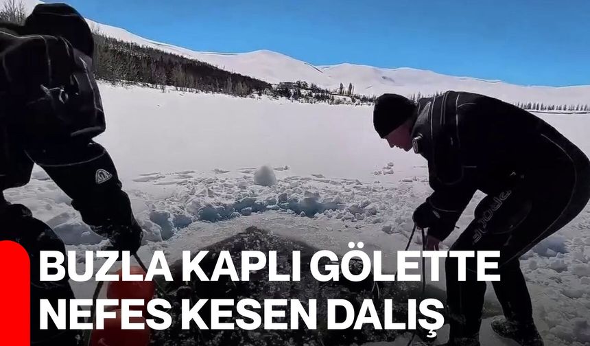 Buzla kaplı gölette nefes kesen dalış