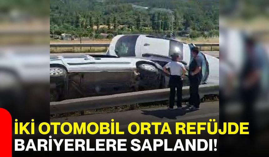 İki otomobil orta refüjde bariyerlere saplandı!