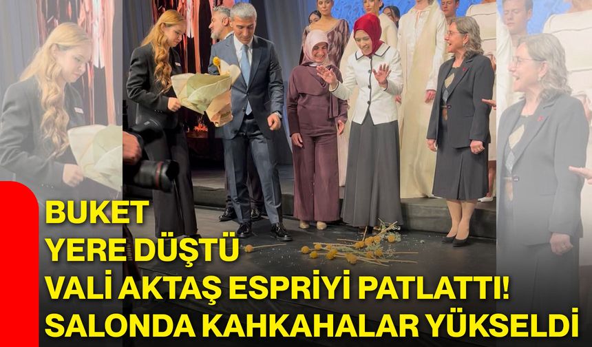 Buket yere düştü, Vali Aktaş espriyi patlattı! Salonda kahkahalar yükseldi