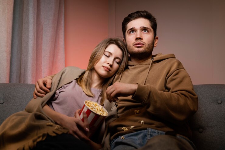 Couple Watching Tv Eating Popcorn 23 2148868650