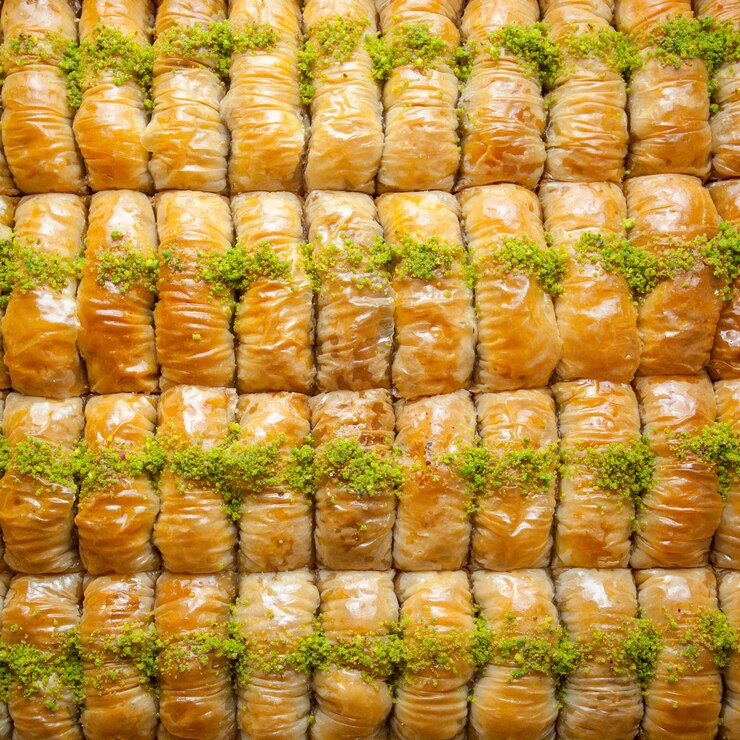 Top View Turkish Baklava Pattern Dessert Made Thin Pastry Nuts Honey 176474 3481